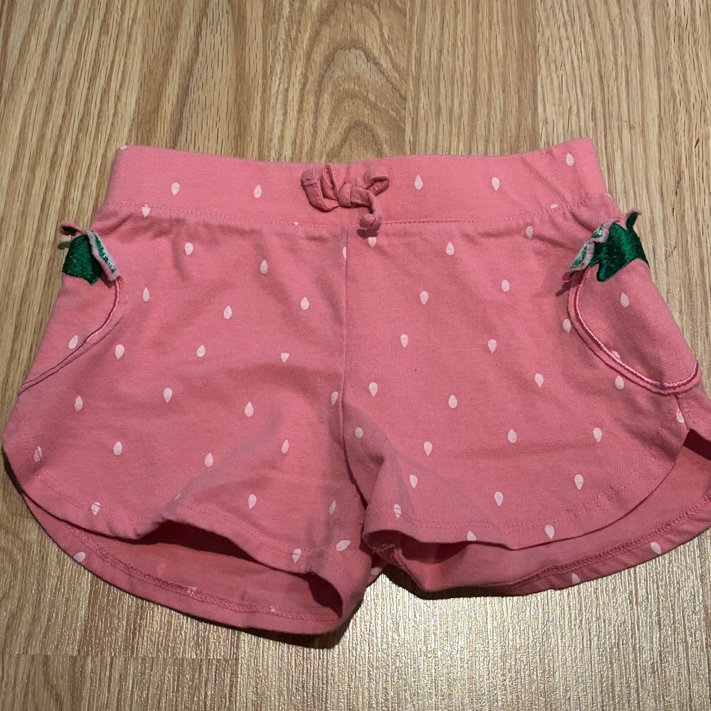 Girls Pink Strawberry Print Jersey Shorts‎ Size 4 XS Fruit Pocket